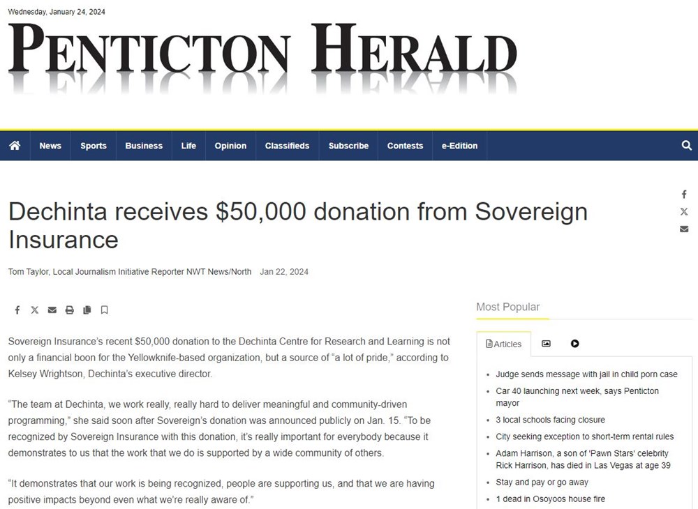 Une capture d'écran de l'article "Dechinta receives $50,000 donations from Sovereign Insurance"